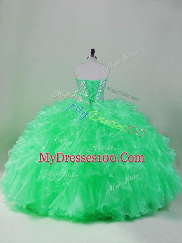 Gorgeous Green Organza Lace Up 15 Quinceanera Dress Sleeveless Floor Length Beading and Ruffles