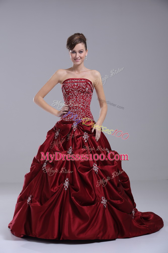 Wine Red Sleeveless Taffeta Brush Train Lace Up Bridal Gown for Wedding Party