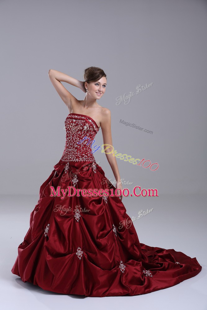 Wine Red Sleeveless Taffeta Brush Train Lace Up Bridal Gown for Wedding Party