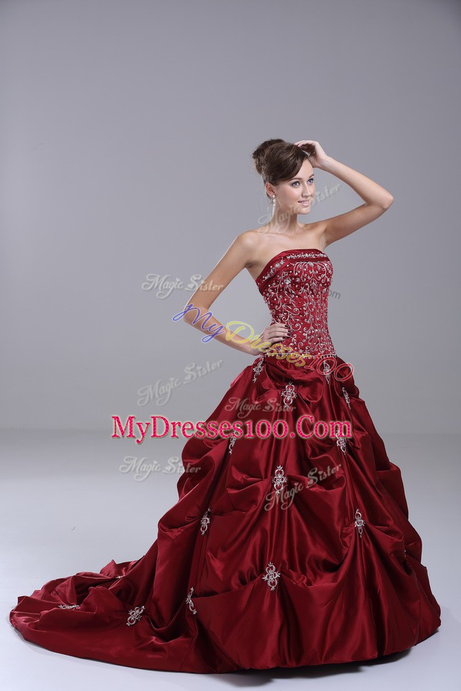 Wine Red Sleeveless Taffeta Brush Train Lace Up Bridal Gown for Wedding Party