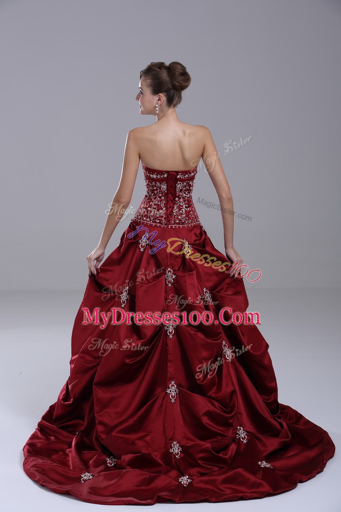 Wine Red Sleeveless Taffeta Brush Train Lace Up Bridal Gown for Wedding Party