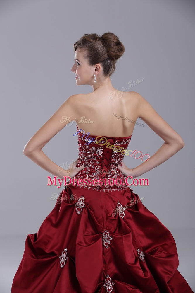 Wine Red Sleeveless Taffeta Brush Train Lace Up Bridal Gown for Wedding Party