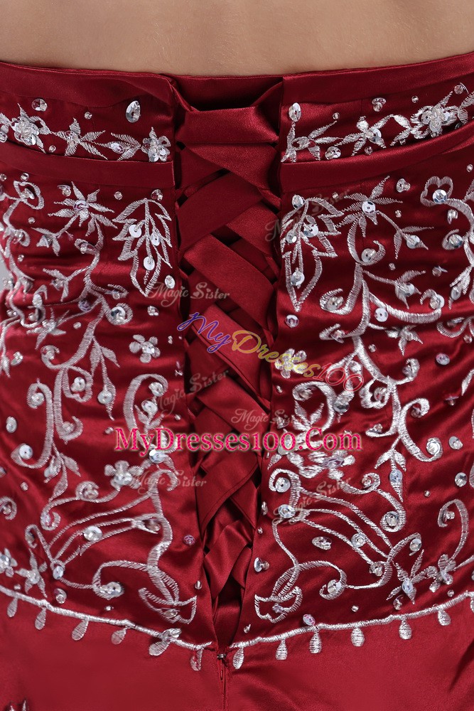 Wine Red Sleeveless Taffeta Brush Train Lace Up Bridal Gown for Wedding Party