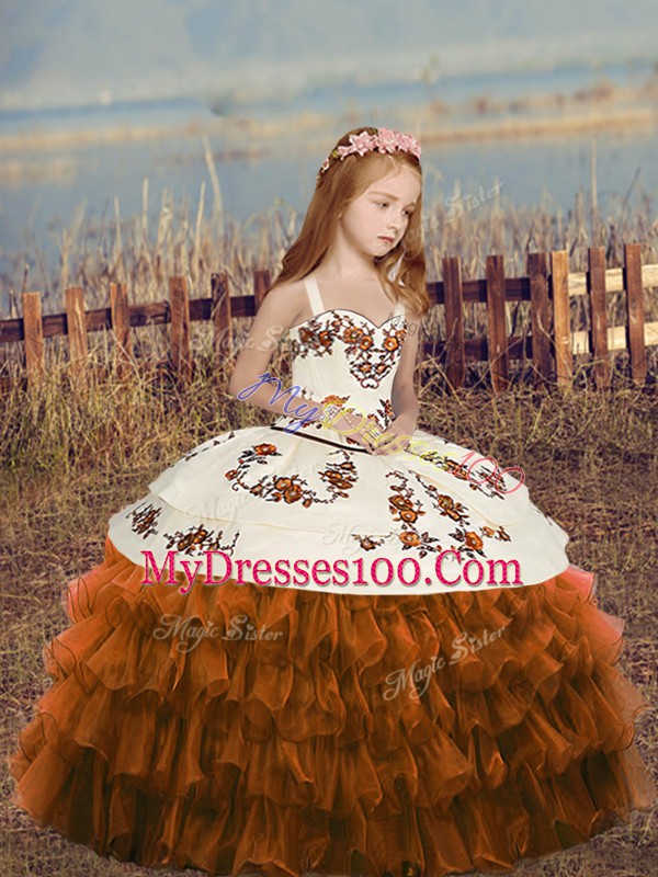 Floor Length Lace Up Little Girl Pageant Dress Brown for Party and Wedding Party with Ruffled Layers