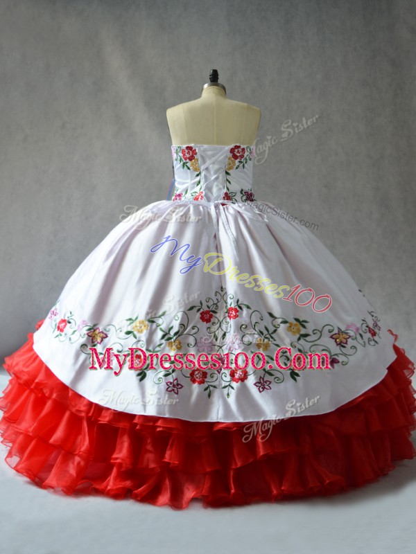 Pretty White And Red Organza Lace Up Sweetheart Sleeveless Floor Length Quinceanera Dress Embroidery and Ruffled Layers