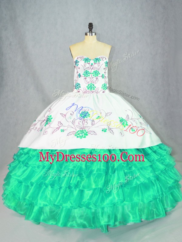 New Arrival Embroidery and Ruffled Layers Ball Gown Prom Dress Turquoise Lace Up Sleeveless Floor Length