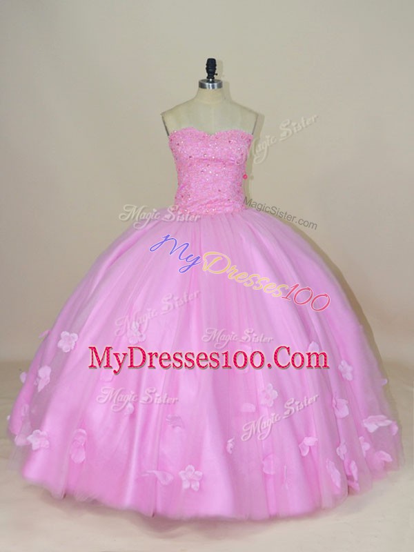 Lilac Ball Gowns Tulle Sweetheart Sleeveless Beading and Hand Made Flower Floor Length Lace Up Ball Gown Prom Dress