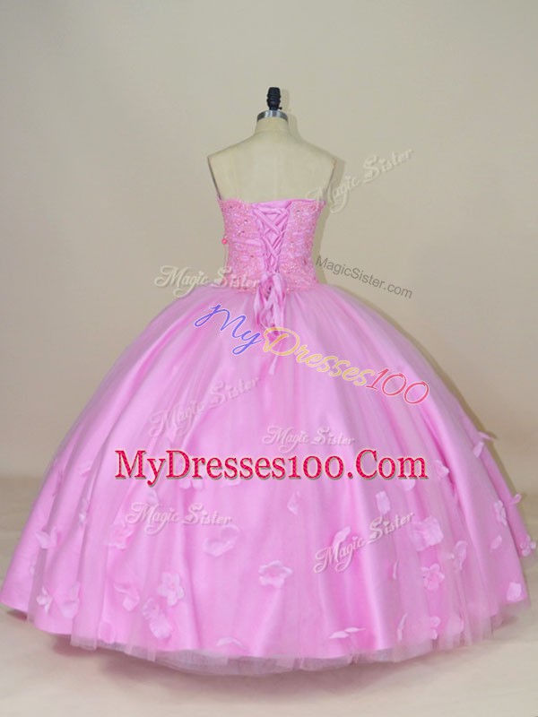 Lilac Ball Gowns Tulle Sweetheart Sleeveless Beading and Hand Made Flower Floor Length Lace Up Ball Gown Prom Dress