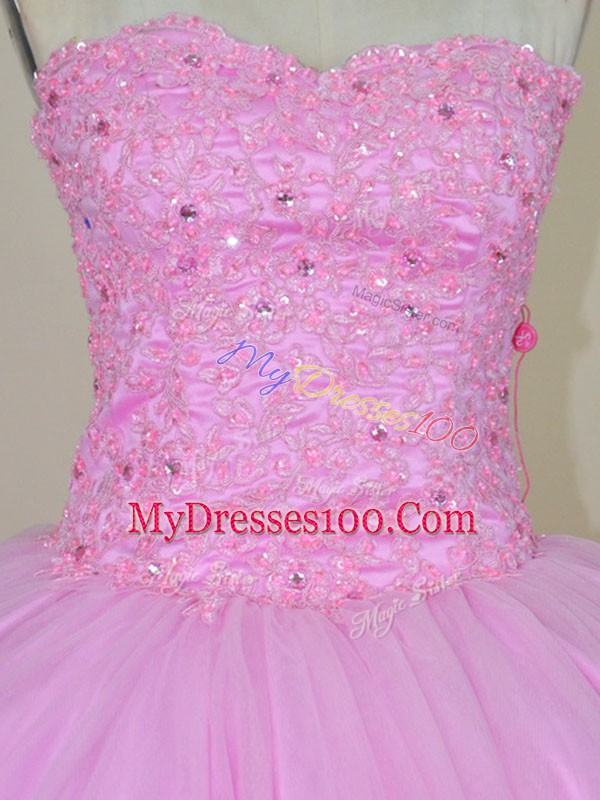 Lilac Ball Gowns Tulle Sweetheart Sleeveless Beading and Hand Made Flower Floor Length Lace Up Ball Gown Prom Dress