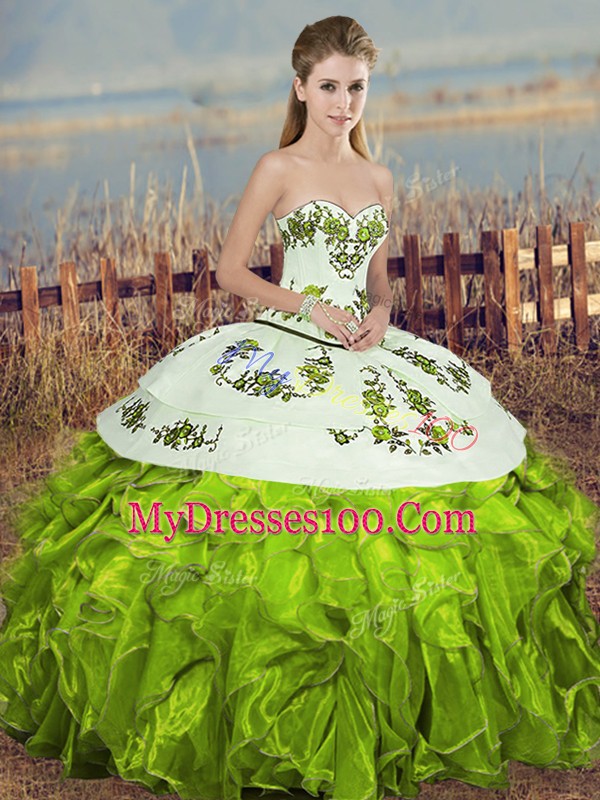 High Class Sweetheart Sleeveless Lace Up 15 Quinceanera Dress Olive Green Organza