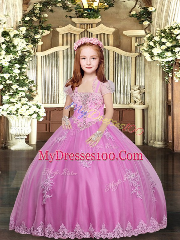Lilac Ball Gowns Lace and Appliques Kids Formal Wear Lace Up Tulle Sleeveless Floor Length