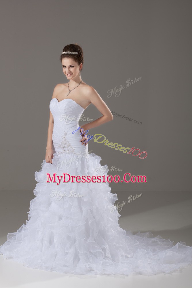 Adorable White Mermaid Organza Sweetheart Sleeveless Beading and Ruffles Lace Up Bridal Gown Brush Train