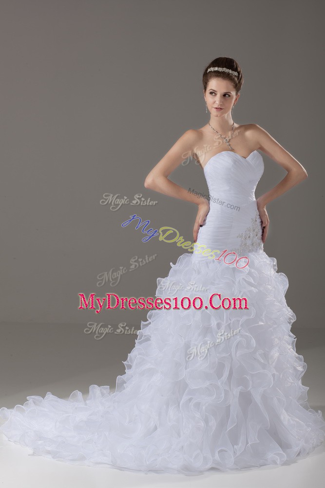 Adorable White Mermaid Organza Sweetheart Sleeveless Beading and Ruffles Lace Up Bridal Gown Brush Train