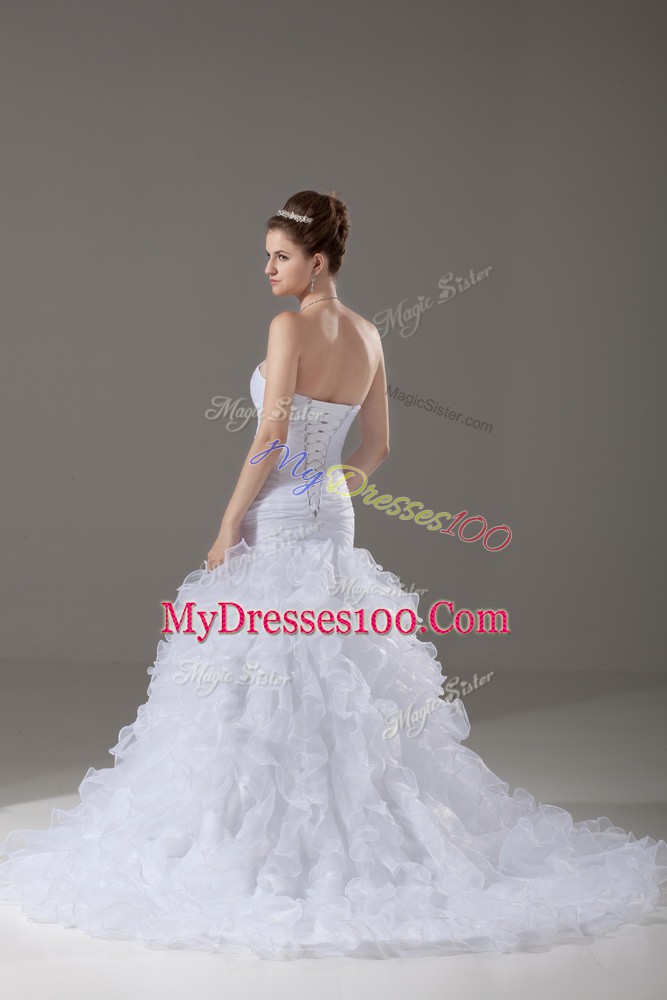 Adorable White Mermaid Organza Sweetheart Sleeveless Beading and Ruffles Lace Up Bridal Gown Brush Train