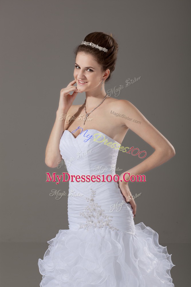 Adorable White Mermaid Organza Sweetheart Sleeveless Beading and Ruffles Lace Up Bridal Gown Brush Train