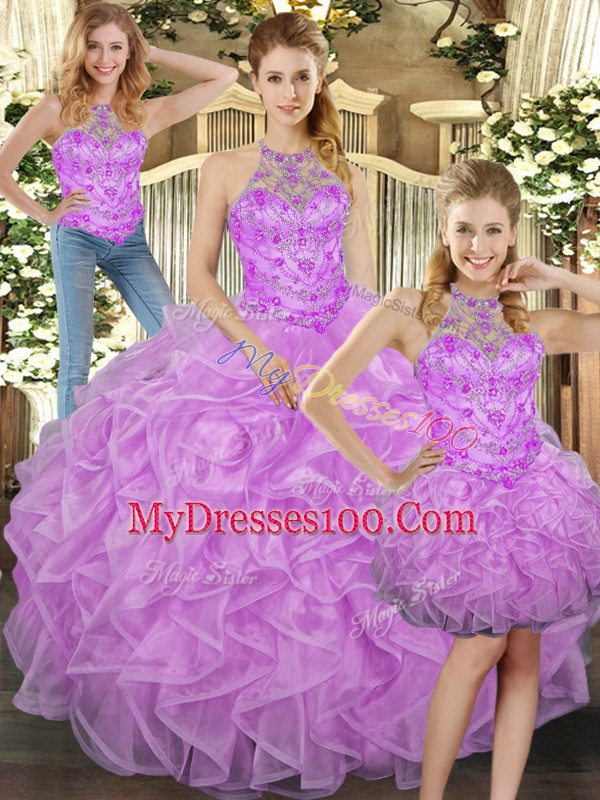 Sweet Floor Length Lilac 15 Quinceanera Dress Tulle Sleeveless Beading and Ruffles