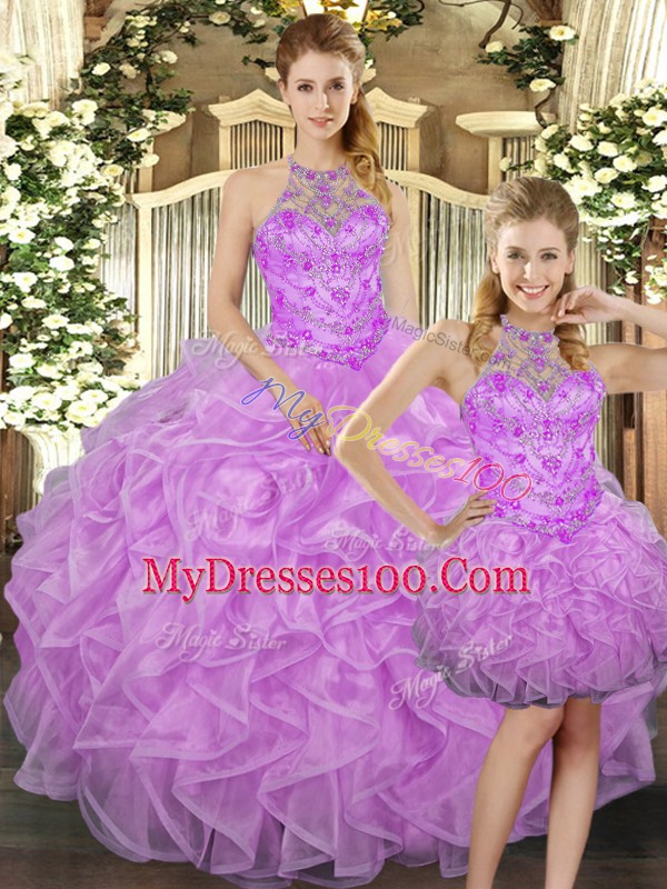 Sweet Floor Length Lilac 15 Quinceanera Dress Tulle Sleeveless Beading and Ruffles