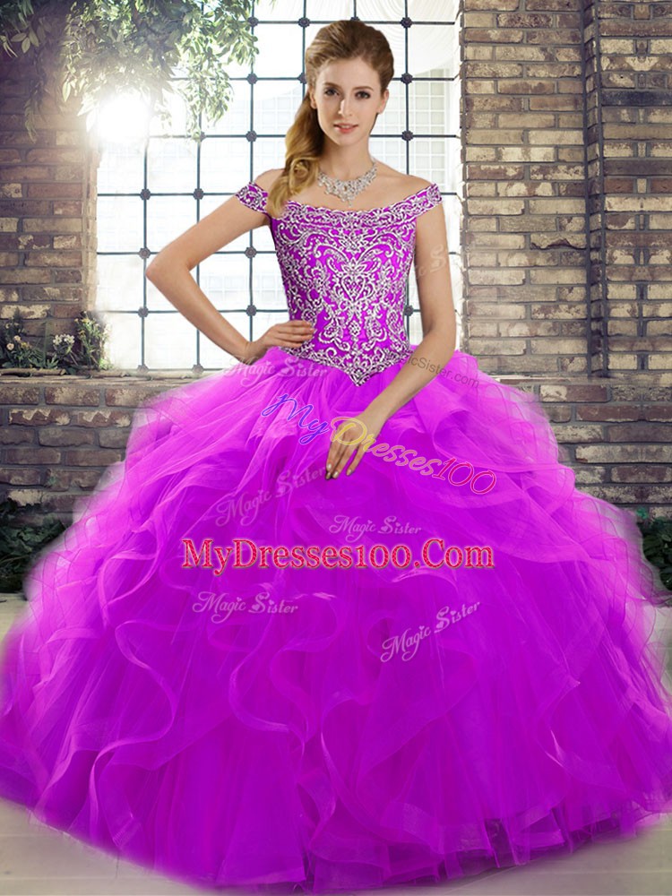 Glamorous Purple Sleeveless Beading and Ruffles Lace Up Sweet 16 Dress