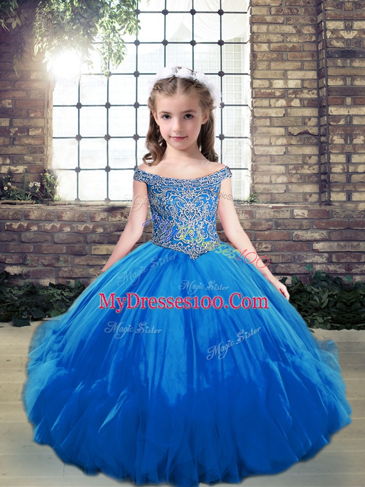Blue Sleeveless Floor Length Beading Lace Up Pageant Dress for Teens