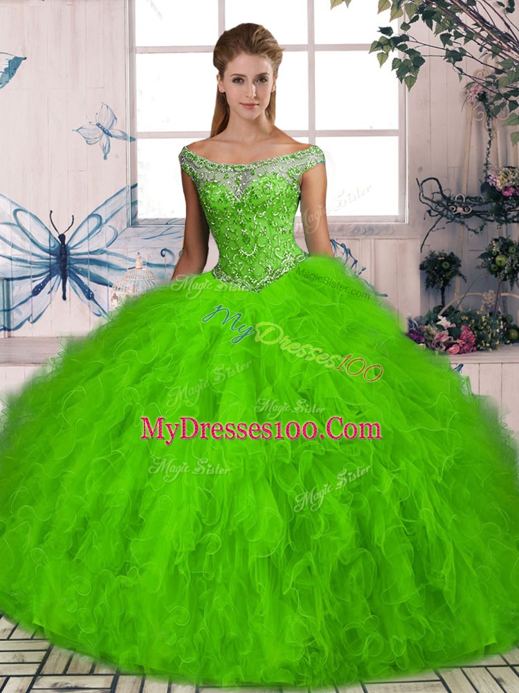 Customized Beading and Ruffles Sweet 16 Dress Lace Up Sleeveless Brush Train