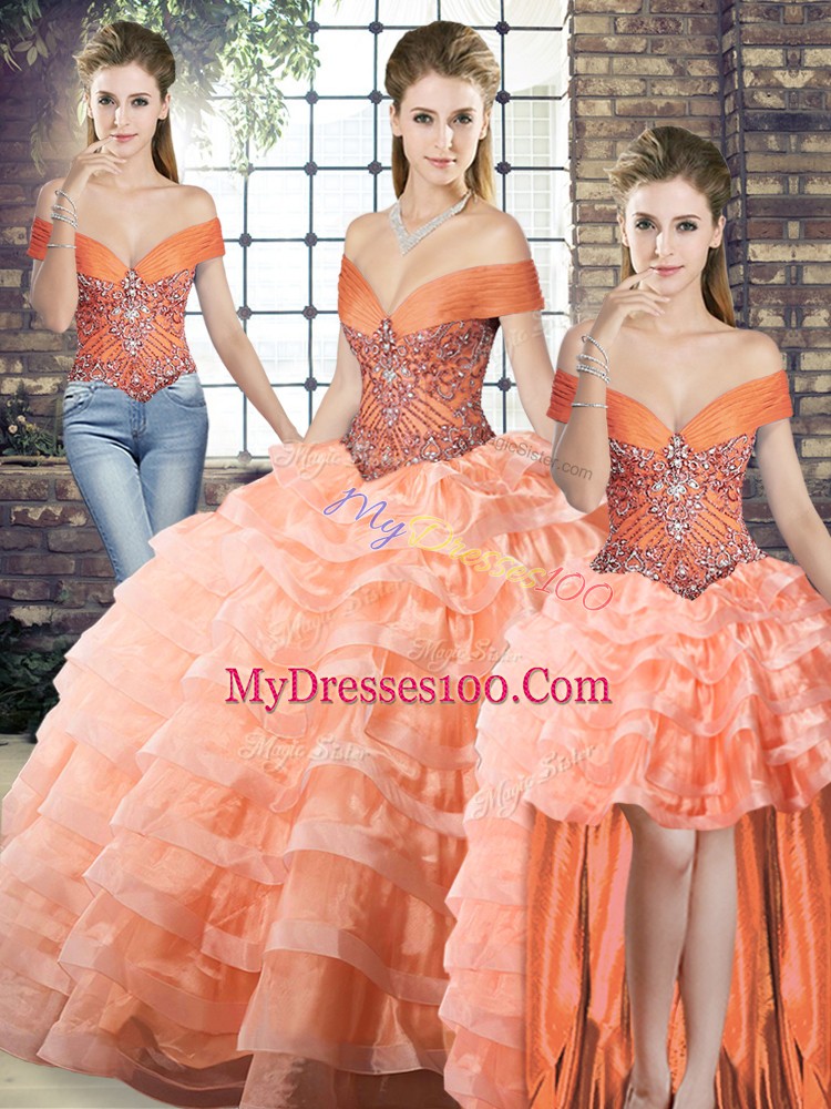 Superior Peach Sleeveless Organza Brush Train Lace Up Vestidos de Quinceanera for Military Ball and Sweet 16 and Quinceanera