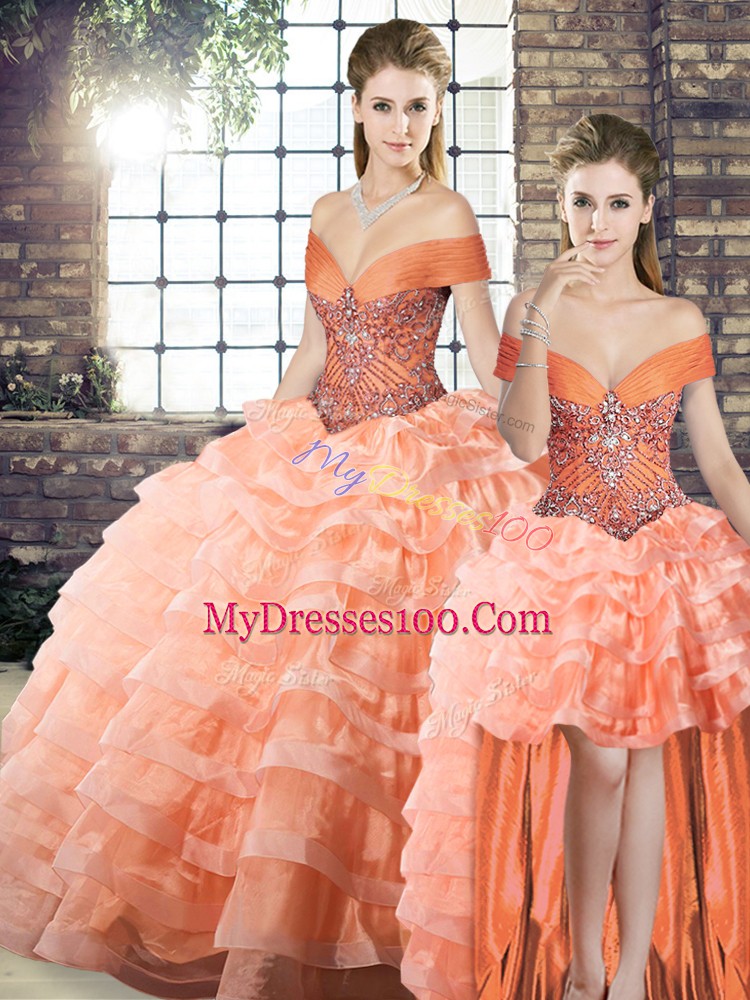 Superior Peach Sleeveless Organza Brush Train Lace Up Vestidos de Quinceanera for Military Ball and Sweet 16 and Quinceanera