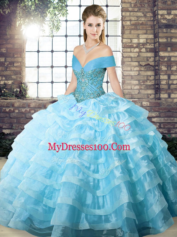 Aqua Blue Organza Lace Up Off The Shoulder Sleeveless Vestidos de Quinceanera Brush Train Beading and Ruffled Layers
