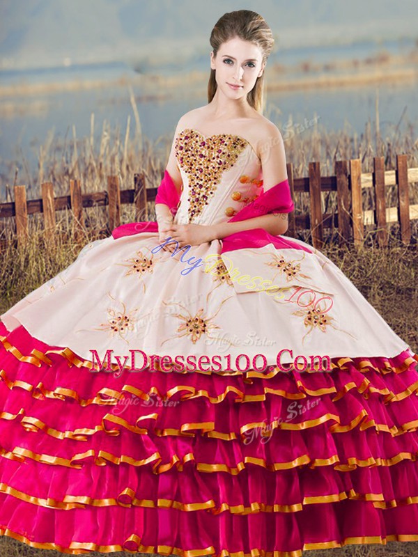 Fuchsia Lace Up 15 Quinceanera Dress Beading and Ruffled Layers Sleeveless Floor Length