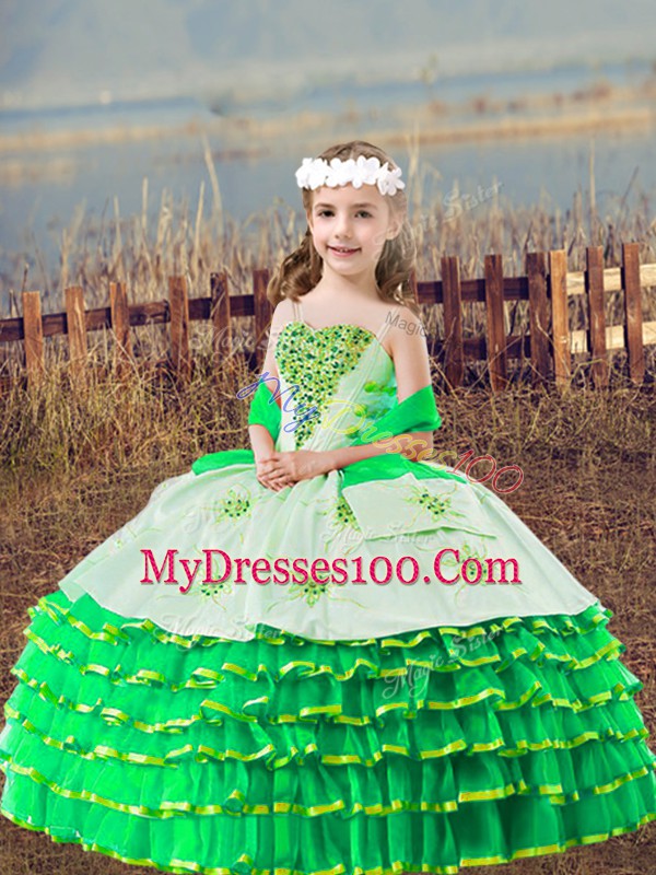 Straps Sleeveless Little Girls Pageant Dress Floor Length Beading and Embroidery and Ruffled Layers Green Organza