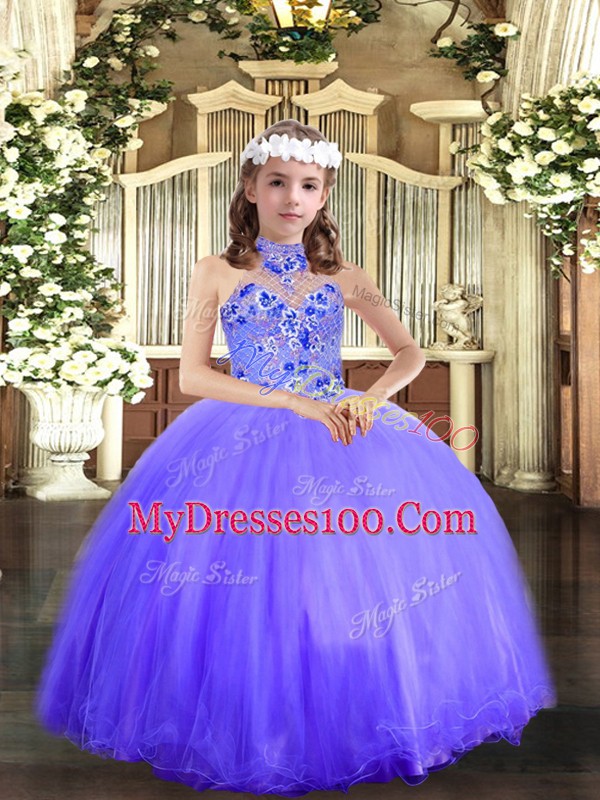 Customized Halter Top Sleeveless Little Girl Pageant Dress Floor Length Appliques Blue Tulle