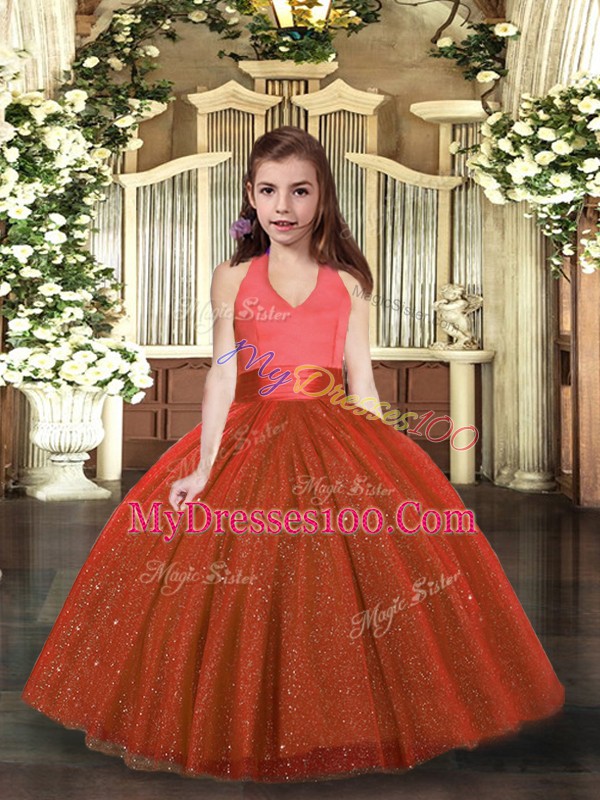 Rust Red Lace Up Halter Top Ruching Pageant Gowns For Girls Tulle Sleeveless