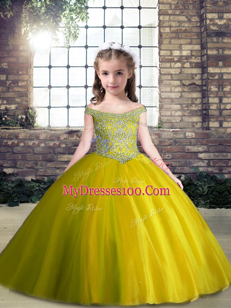 Olive Green Tulle Lace Up Pageant Gowns For Girls Sleeveless Floor Length Beading