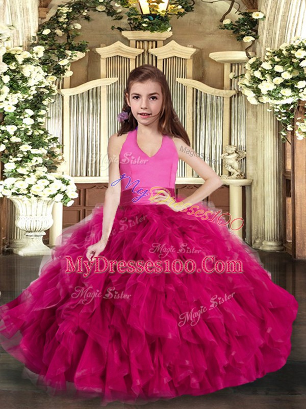Amazing Fuchsia Sleeveless Tulle Lace Up Pageant Dress Wholesale for Party and Wedding Party