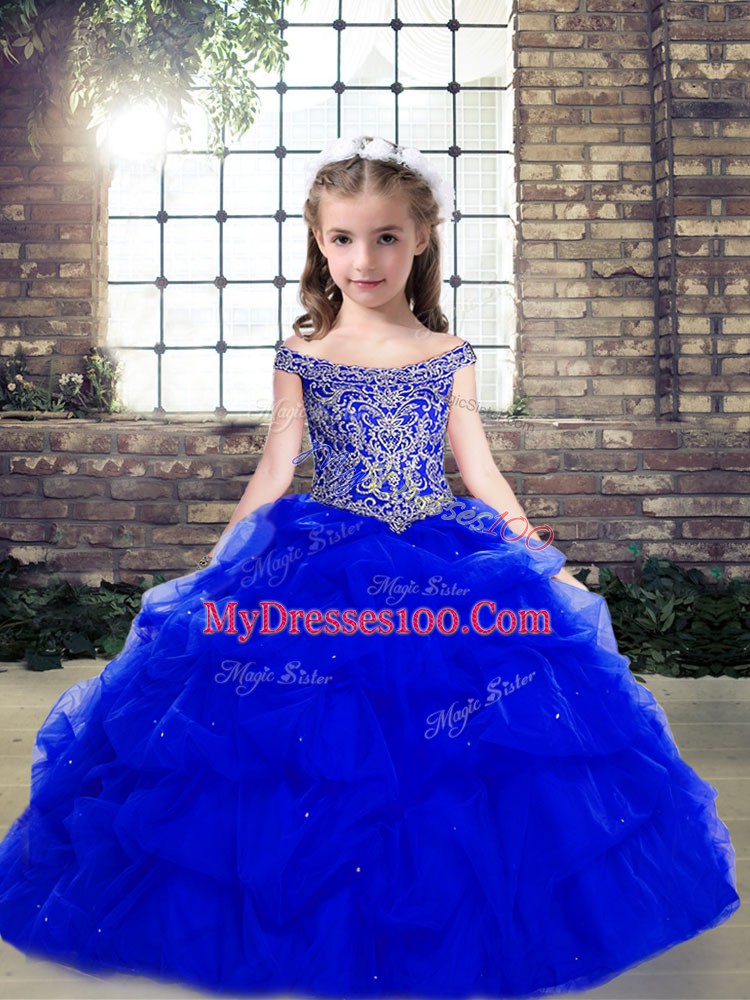 Exquisite Royal Blue Scoop Lace Up Beading and Pick Ups Little Girl Pageant Gowns Sleeveless