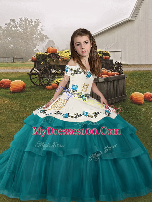 Straps Sleeveless Lace Up Girls Pageant Dresses Teal Tulle