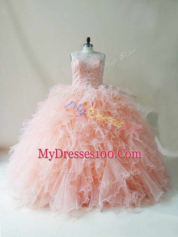 Fashion Sleeveless Tulle Floor Length Lace Up Sweet 16 Quinceanera Dress in Peach with Beading and Ruffles