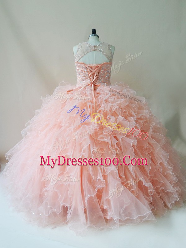 Fashion Sleeveless Tulle Floor Length Lace Up Sweet 16 Quinceanera Dress in Peach with Beading and Ruffles