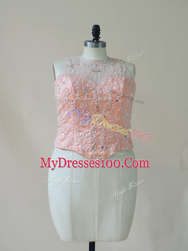 Fashion Sleeveless Tulle Floor Length Lace Up Sweet 16 Quinceanera Dress in Peach with Beading and Ruffles