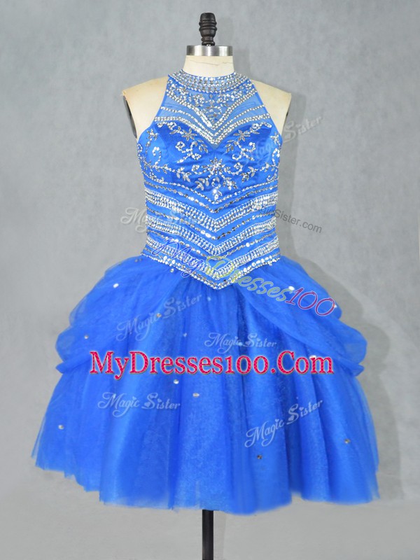 Traditional Blue Sleeveless Tulle Lace Up Prom Dresses for Prom and Party