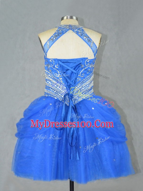 Traditional Blue Sleeveless Tulle Lace Up Prom Dresses for Prom and Party