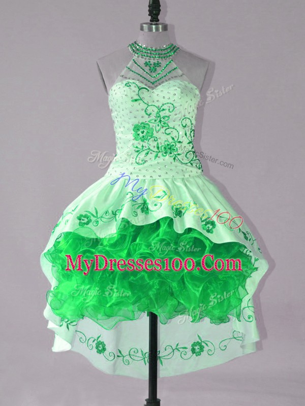 Green Halter Top Lace Up Embroidery and Ruffles Prom Dress Sleeveless