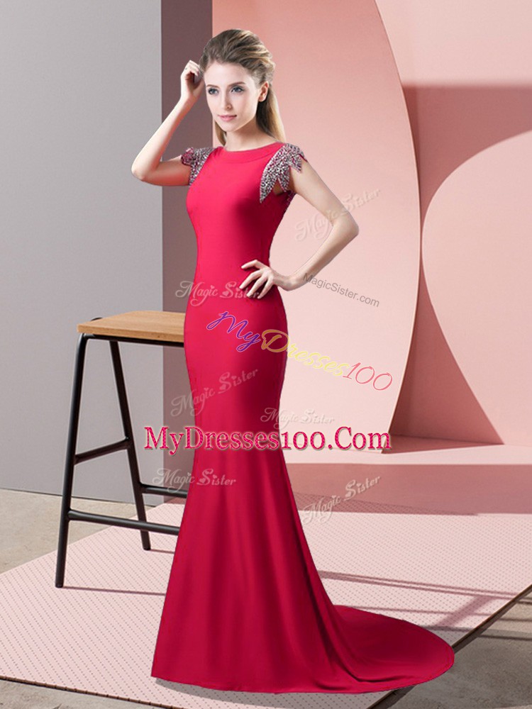 Suitable Coral Red Short Sleeves Elastic Woven Satin Brush Train Backless Prom Party Dress for Prom and Party