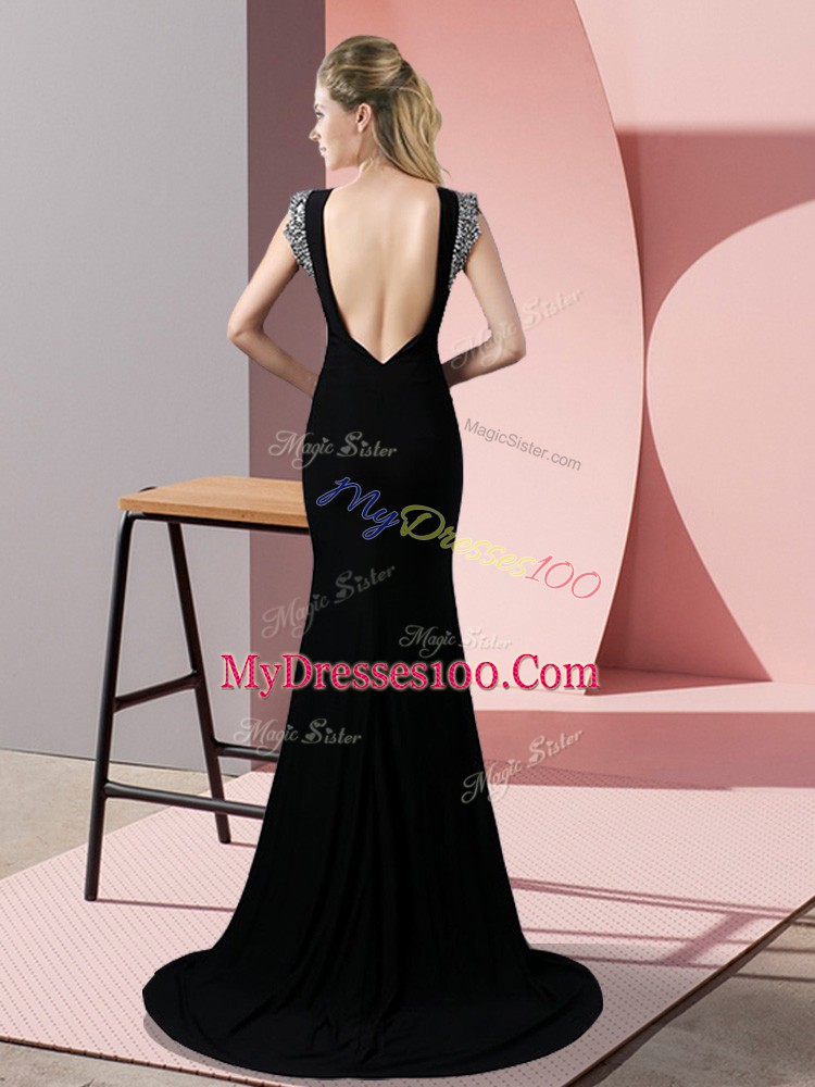 Suitable Coral Red Short Sleeves Elastic Woven Satin Brush Train Backless Prom Party Dress for Prom and Party