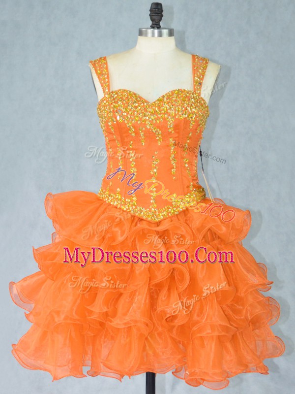 Orange Straps Lace Up Beading and Ruffled Layers Prom Gown Sleeveless