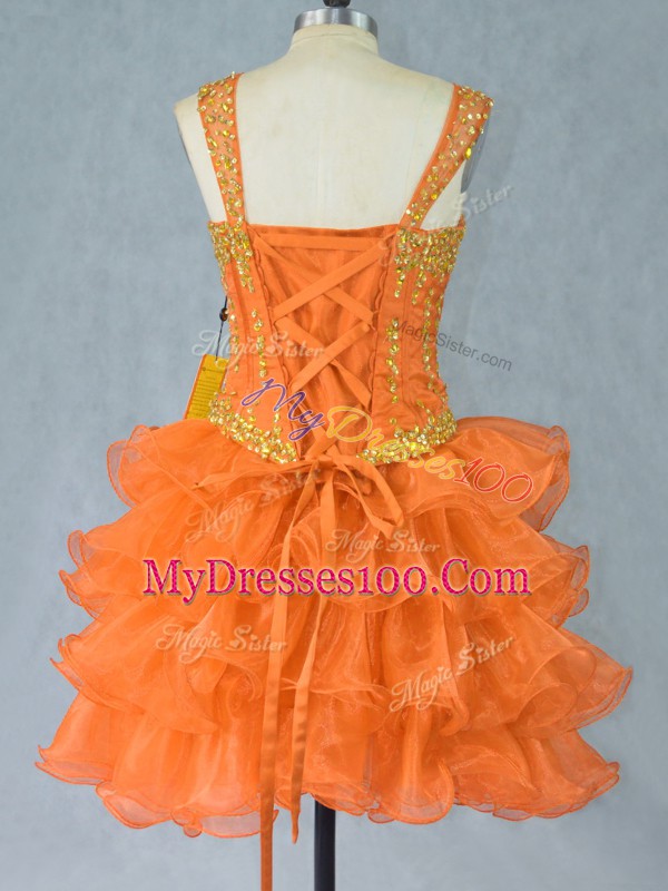 Orange Straps Lace Up Beading and Ruffled Layers Prom Gown Sleeveless