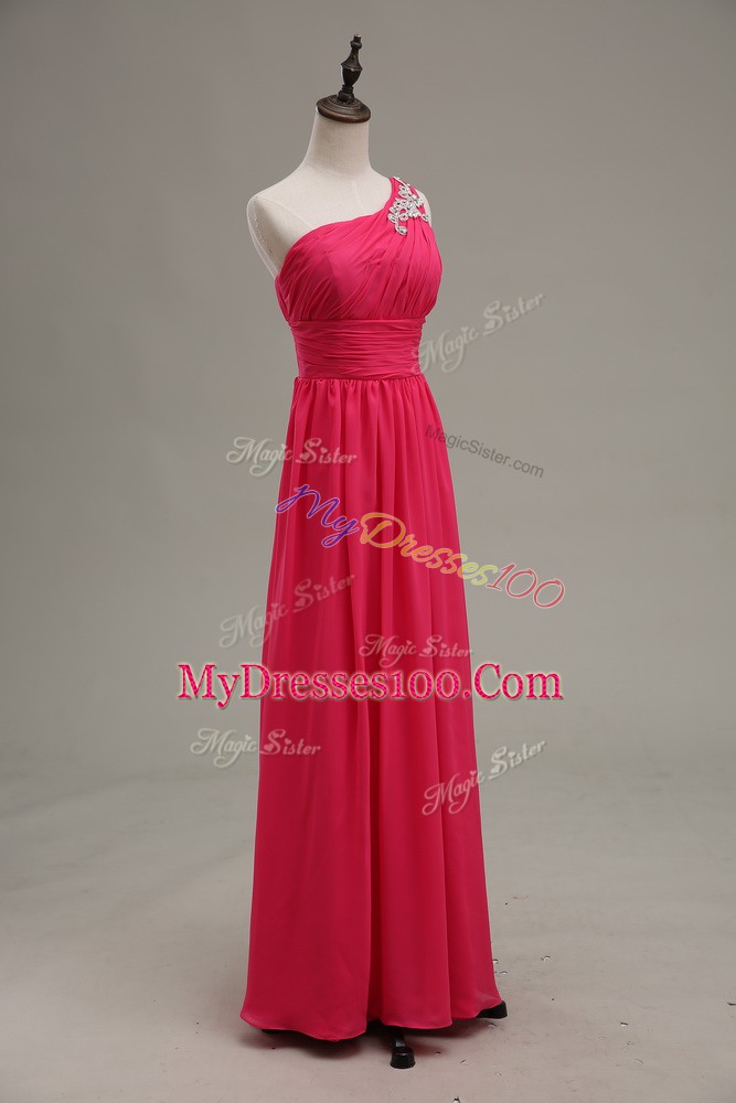 Dynamic Floor Length Zipper Hot Pink for Prom and Party and Military Ball with Beading and Ruching