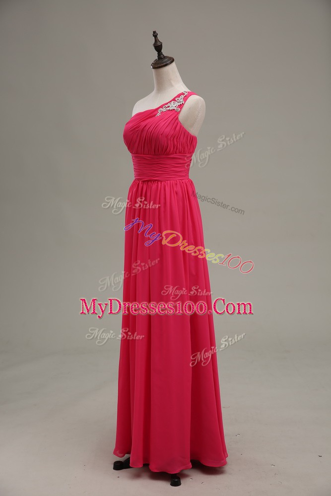 Dynamic Floor Length Zipper Hot Pink for Prom and Party and Military Ball with Beading and Ruching
