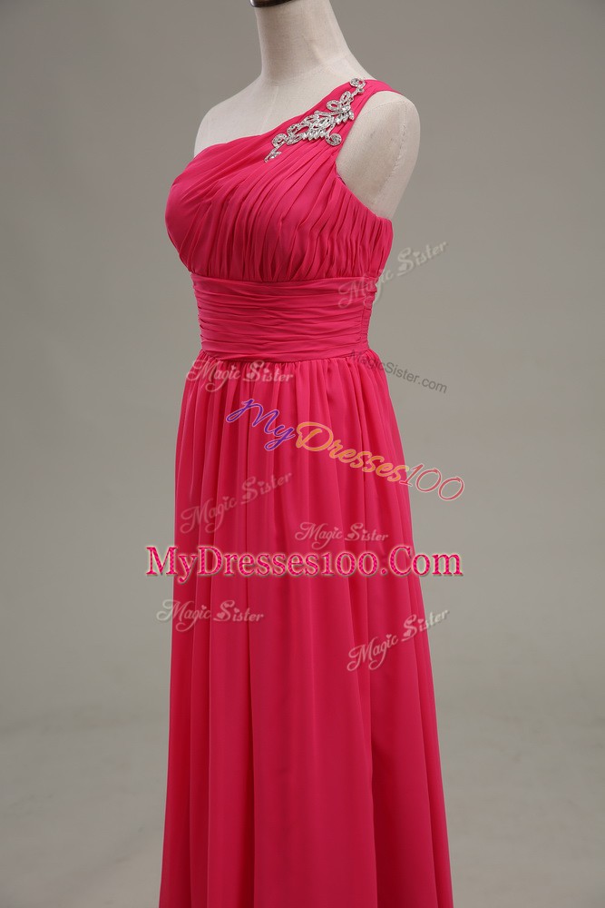 Dynamic Floor Length Zipper Hot Pink for Prom and Party and Military Ball with Beading and Ruching