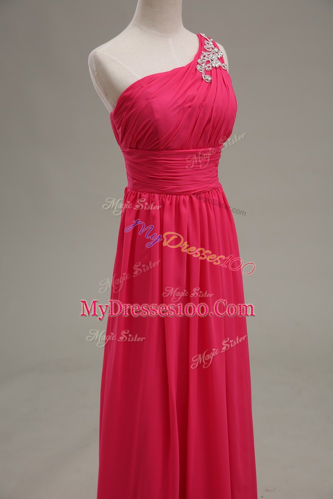 Dynamic Floor Length Zipper Hot Pink for Prom and Party and Military Ball with Beading and Ruching
