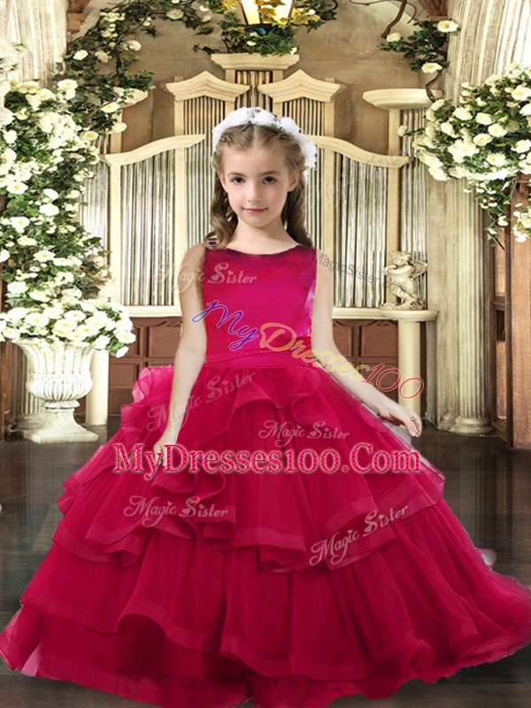 Sleeveless Pageant Gowns For Girls Floor Length Ruffled Layers Red Tulle